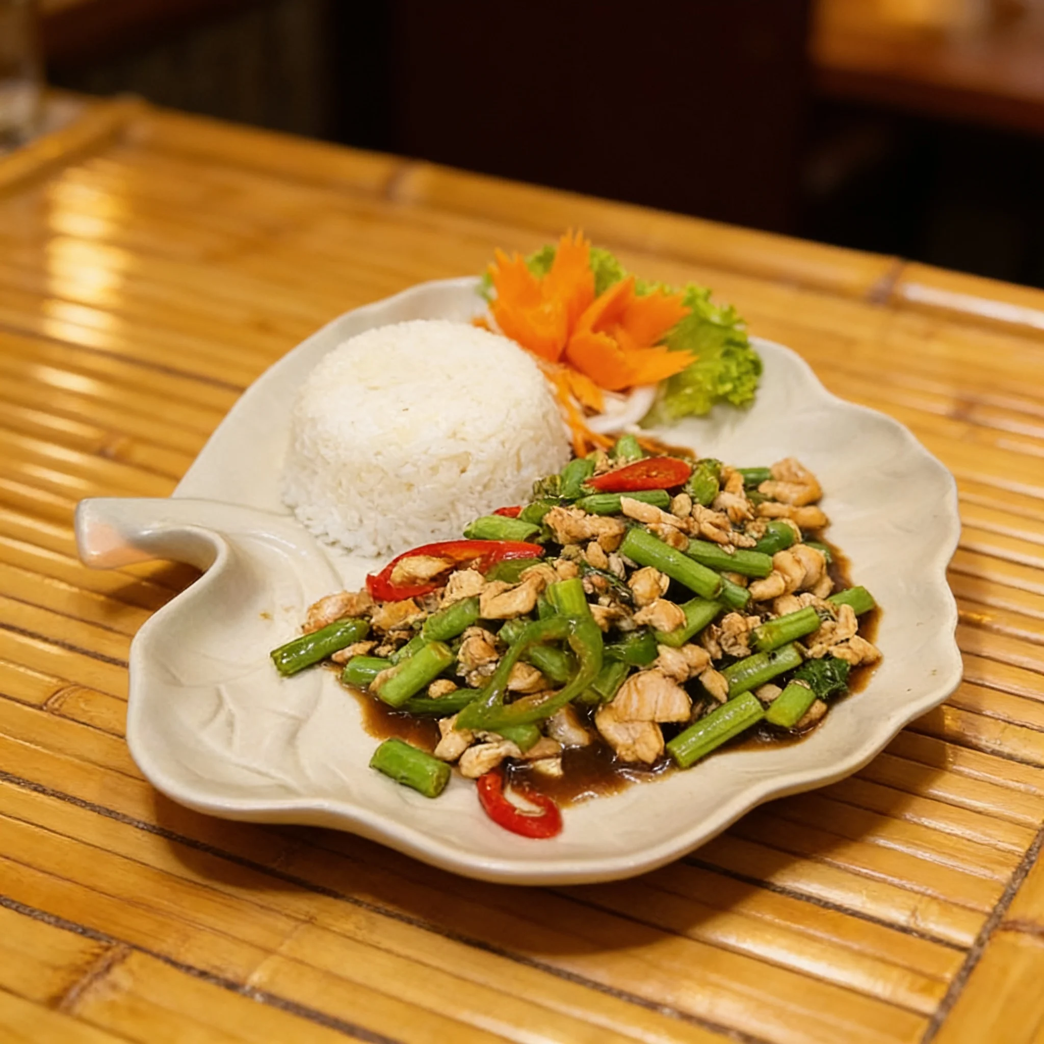 Phad Kra Pao mit Thai-Basilikum, Thai Art sehr scharf