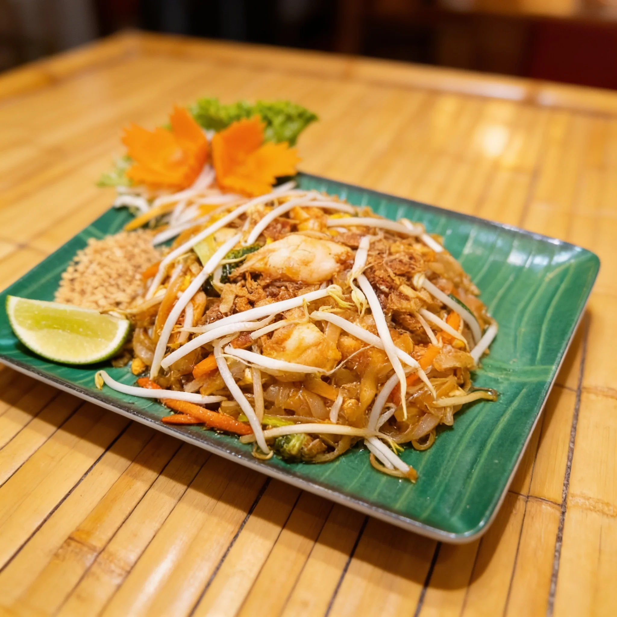 Phad Thai mit Garnelen, Erdnüssen und Limette
